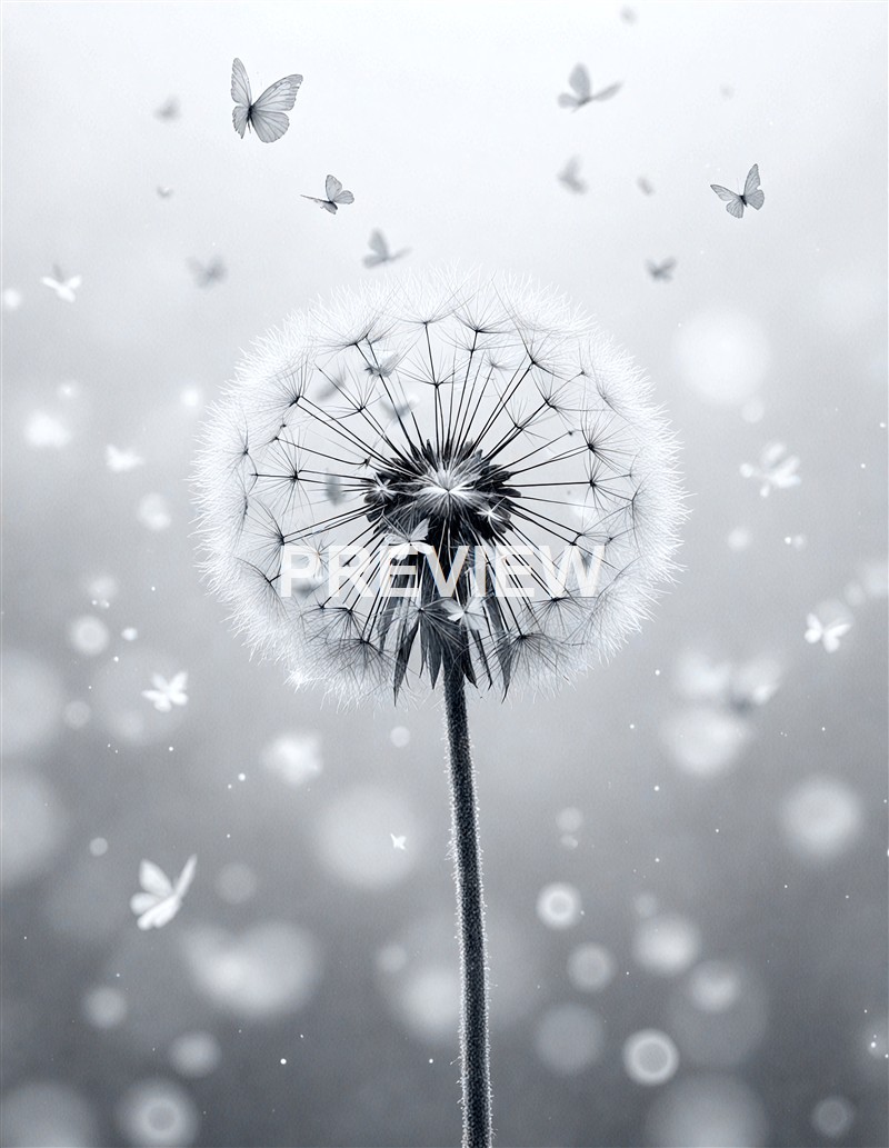 A close-up of a dandelion seed head with some seeds dispersing into a soft, blurred background filled with butterflies.